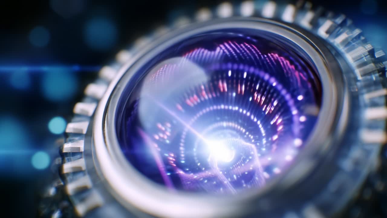 A Mesmerizing Close-up of a Futuristic Lens Capturing an Intriguing Vortex of Light, Energy, and Color Patterns, Inviting Viewers Into a World of Imagination and Creativity Beyond the Ordinary