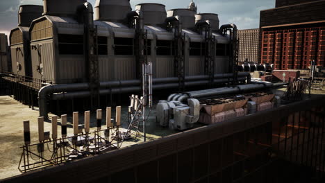 cityscape with cooling towers on a rooftop