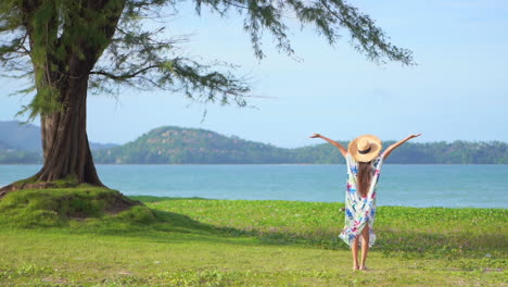 a woman with her back to the camera standing on a grasses space facing the ocean raises her arms in joy