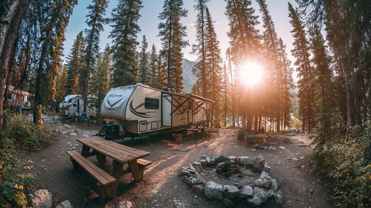 En fredfyldt campingstemning omgivet af majestætiske fyrretræer ved solnedgang, med en hyggelig autocamper og et indbydende bålsted, der giver en uforglemmelig udendørs oplevelse.