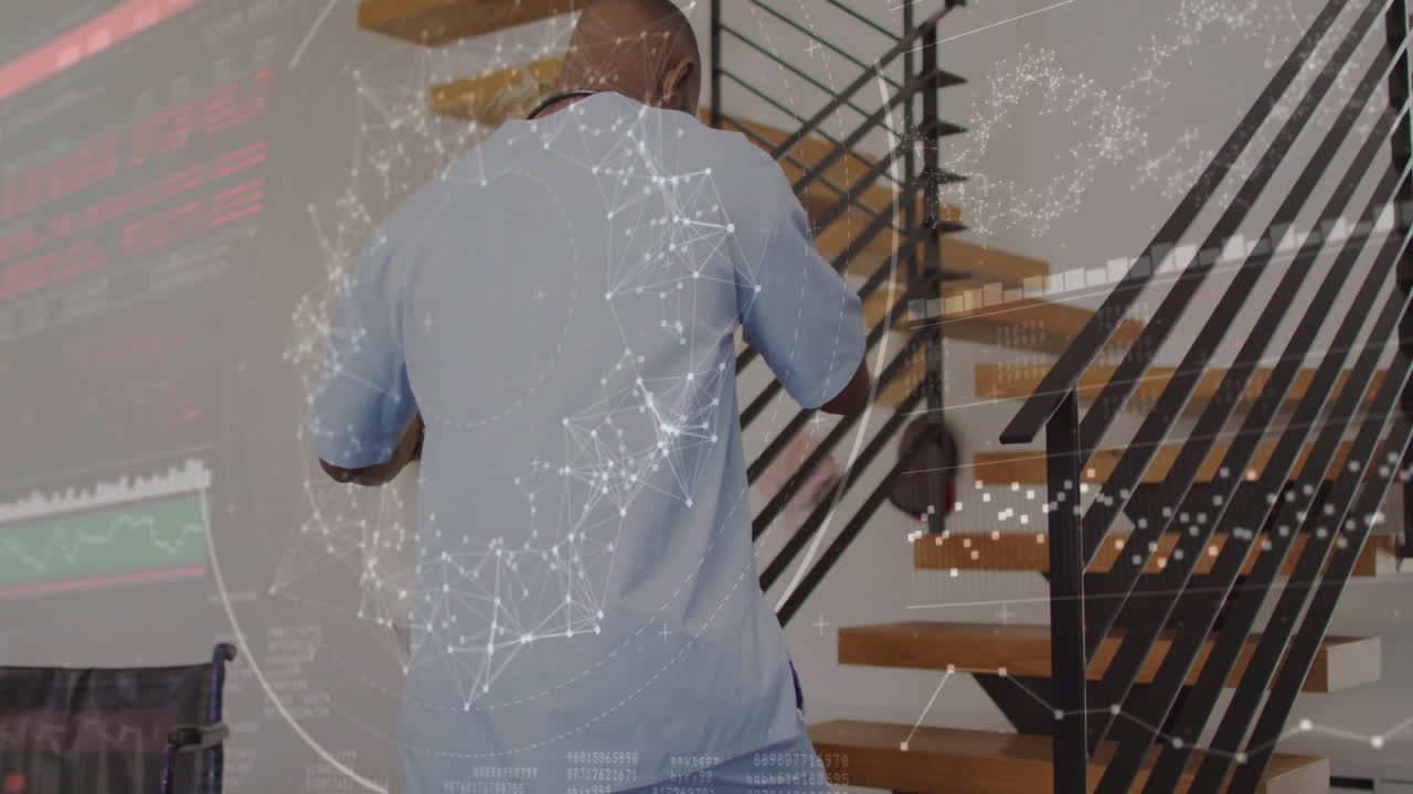 Man walking up stairs with digital data network animation overlay