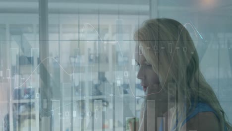 animation of data processing over caucasian businesswoman in office