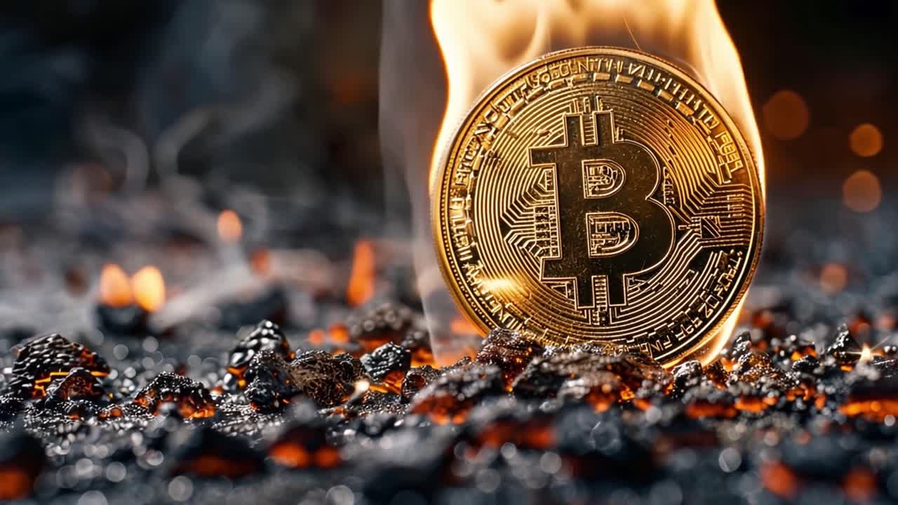 Moneta Bitcoin in fiamme tra le braci