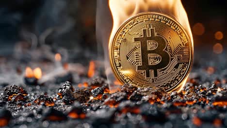 bitcoin coin on fire amidst embers