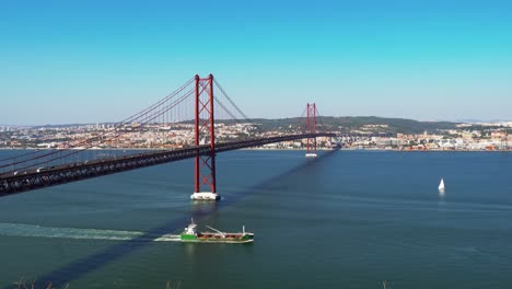 25 de abril suspension bridge with the skyline of lisbon, modern capital of portugal