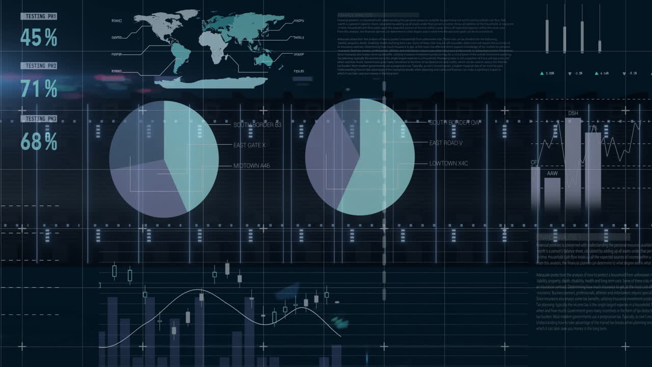 Animation of data processing and diagrams over world map on black background
