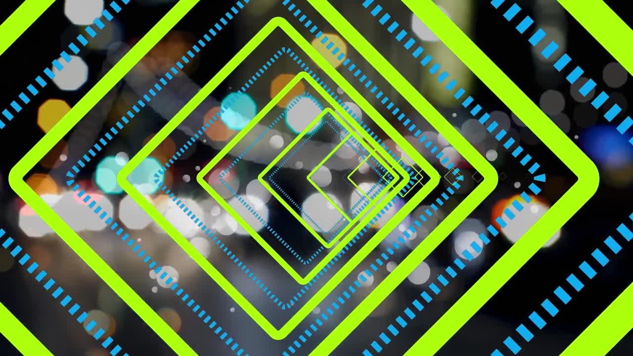 노란색과 파란색 사각형의 애니메이션이 흐릿한 밤 도시 풍경 위에 움직입니다.