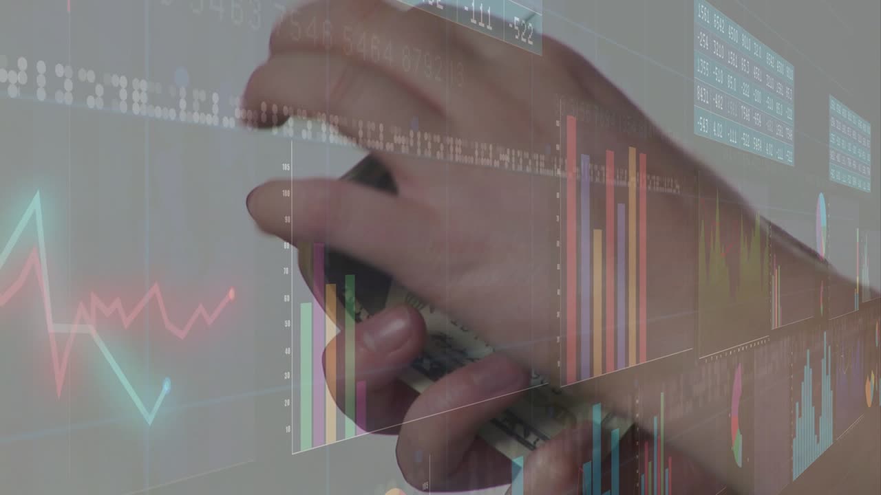 Hands entering frame, flipping and fanning US bills while charts shifting to show market trends