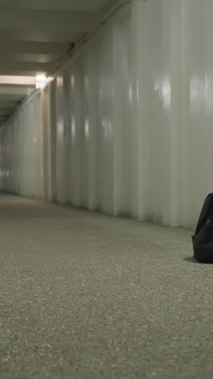una chica con un abrigo marrón se sienta inclinada en un túnel subterráneo, sosteniendo su teléfono con una expresión de tristeza. el túnel vacío y su postura transmiten una profunda sensación de soledad y angustia emocional