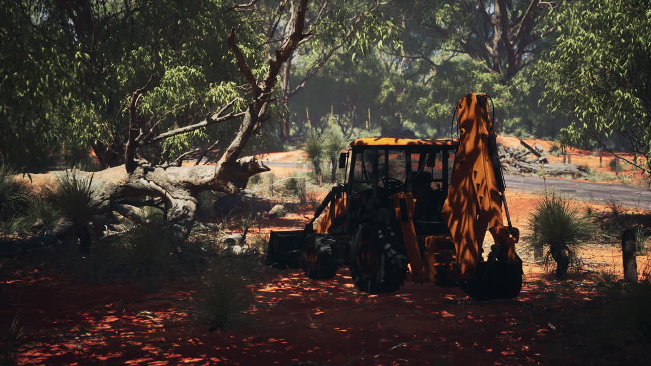 덤불 숲 에 있는 발굴기 트랙터