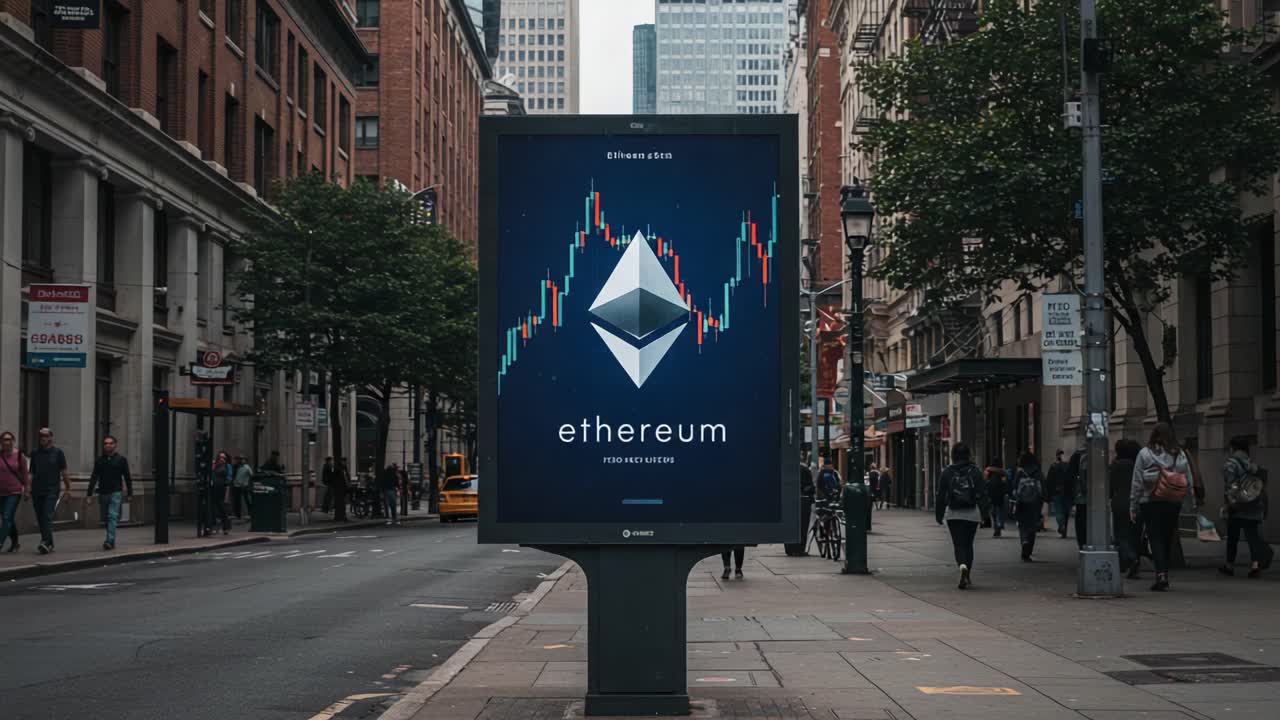 An Urban View of Cryptocurrency Advertising: A Dynamic Digital Display of Ethereum with Market Trends Featured in a Busy City Street Scene