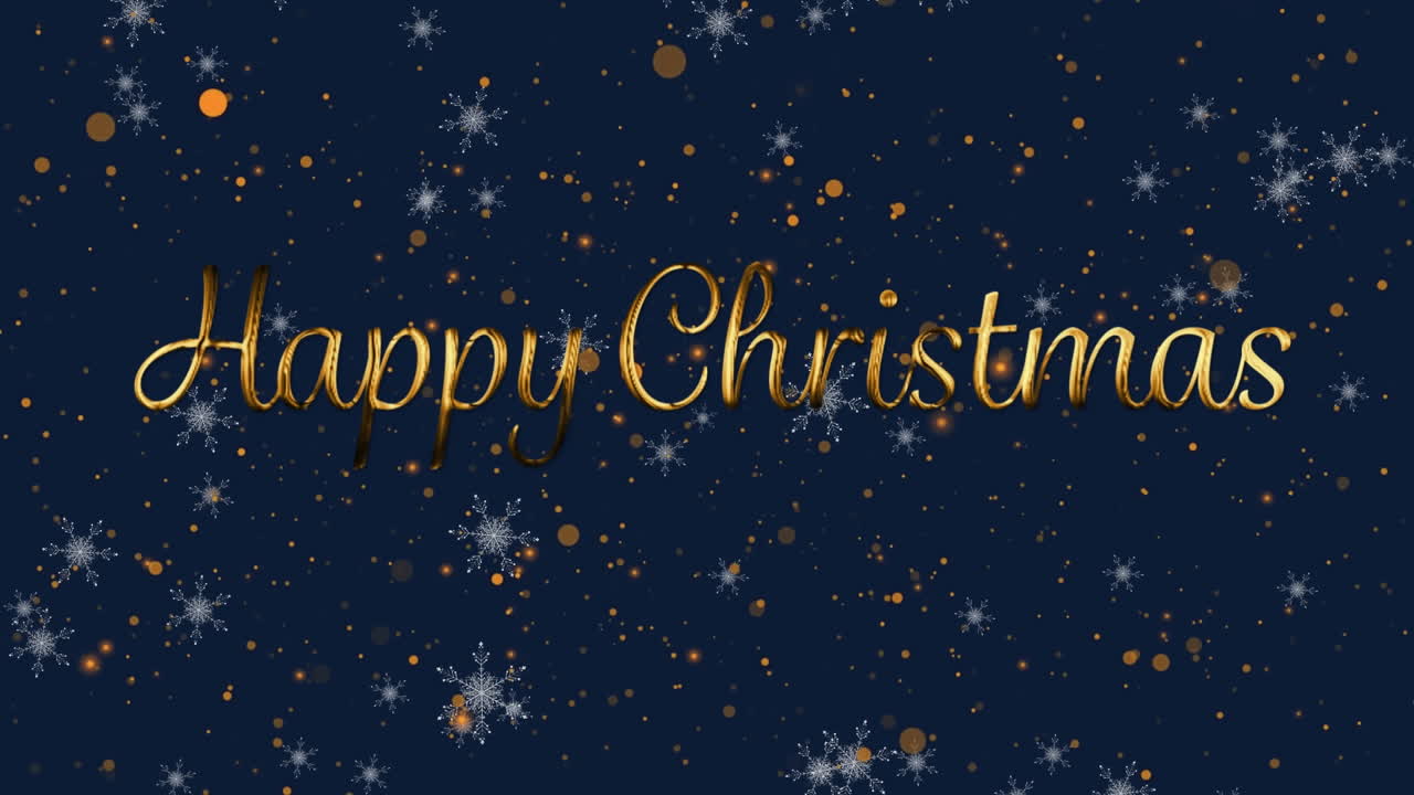 네이비 배경에 황금 점 눈 위에 행복한 크리스마스의 애니메이션