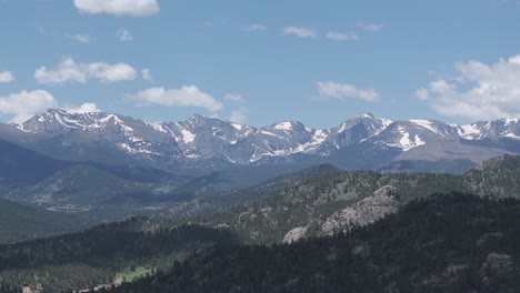 serene landscape of rocky mountains on hot summer day, drone shot of snow capped peak above green valley