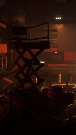 a dark and rusty industrial room with a lift and other machinery