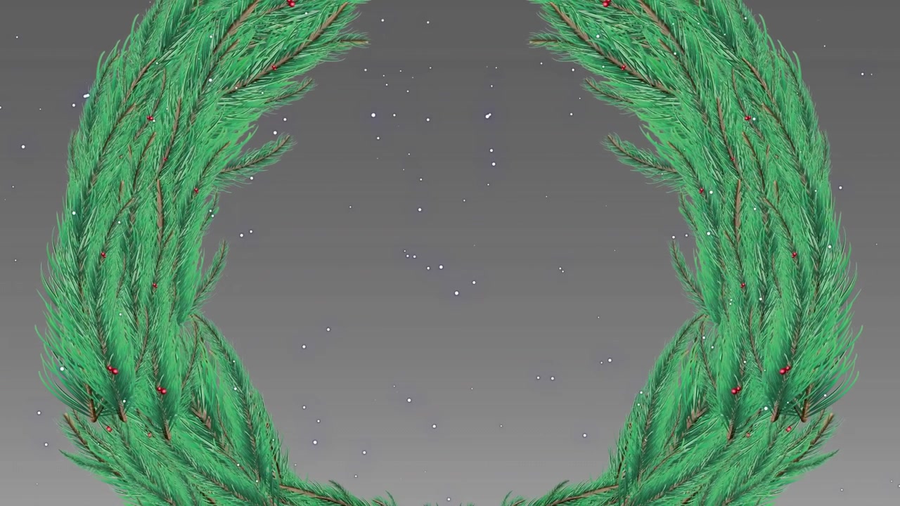 Animation of snow falling over decorated christmas wreath icon against copy space on grey background
