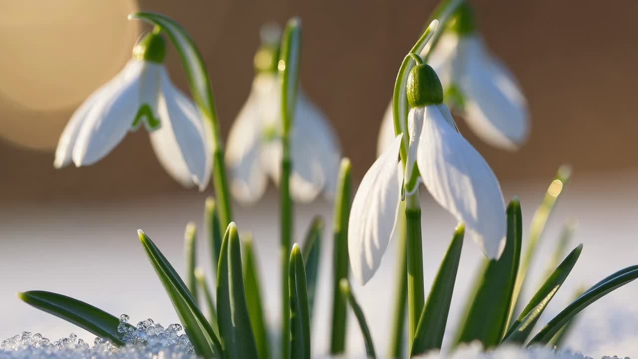 Close-up video of snowdrops emerging through snow, captured at a low angle
