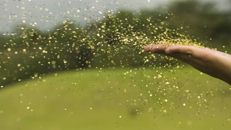 blowing golden glitter from hand