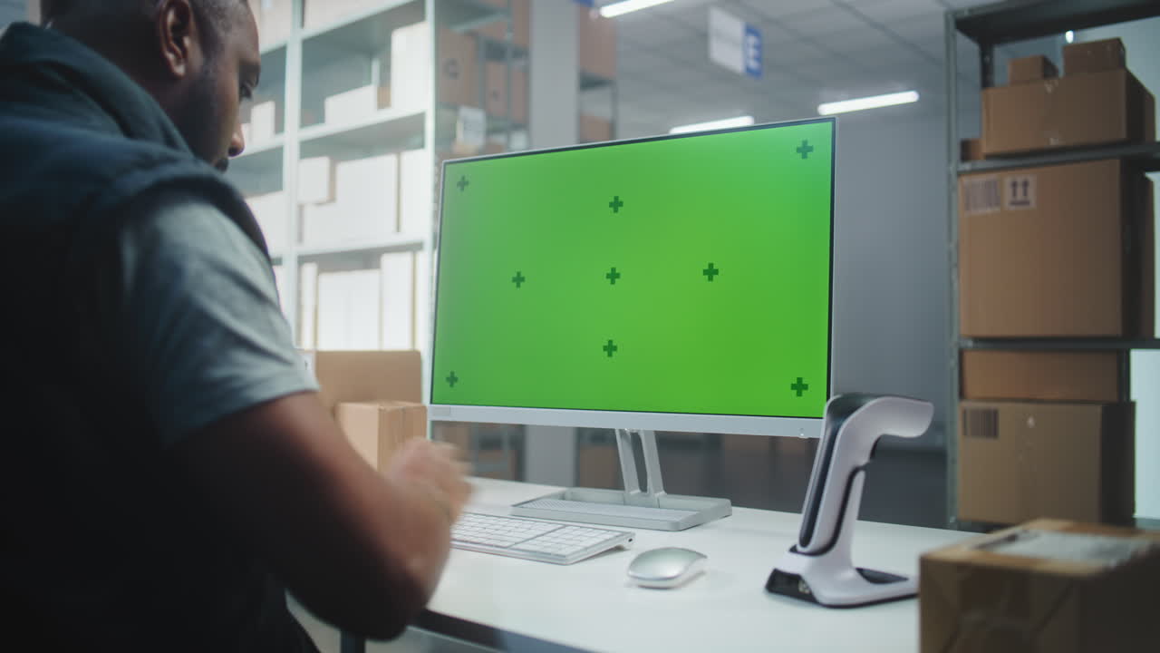 trabajador de almacén que utiliza un sistema informático y de escaneo