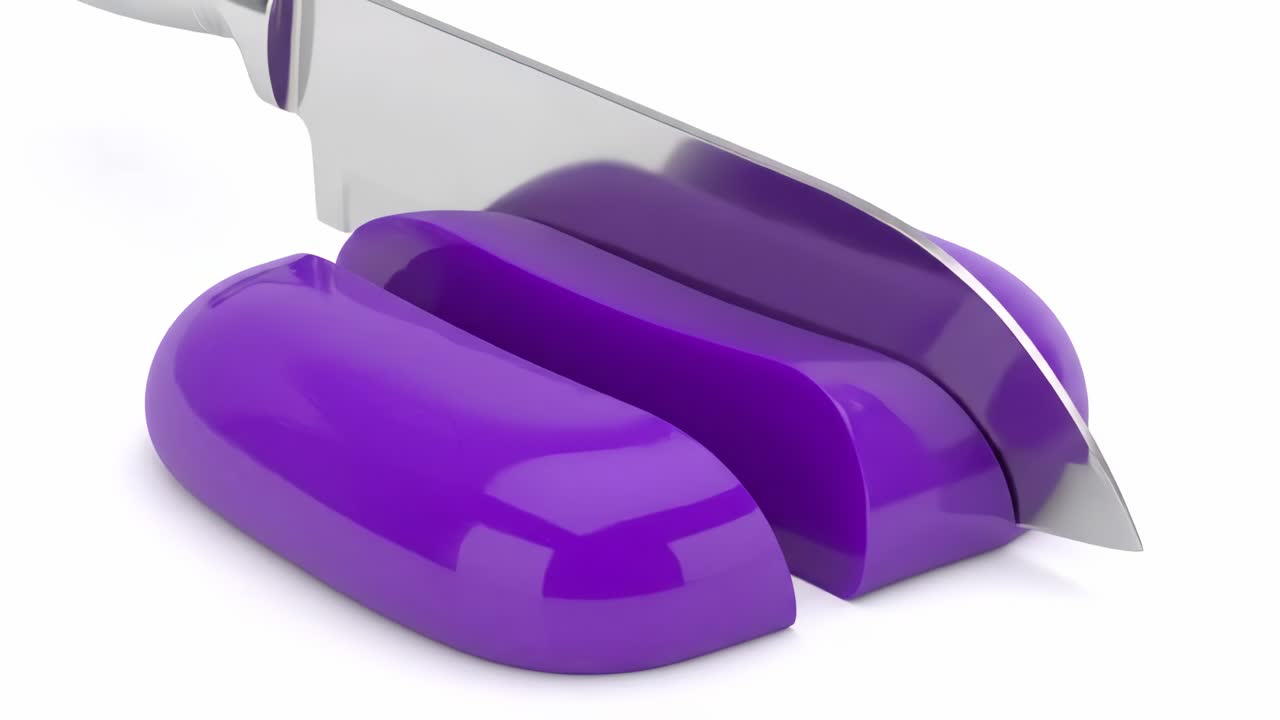 Purple block being cut by a knife