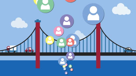 digital animation of multiple colorful profile icons against vehicles on the bridge against blue sky