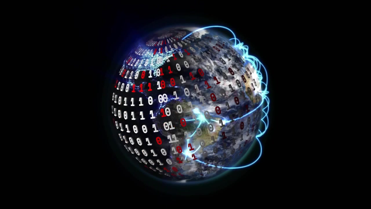 3D Earth appearing binary digits spreading left while blue arcs looping to visualize data flow