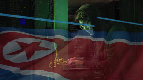 animación de codificación binaria con hacker sobre la bandera de corea del norte