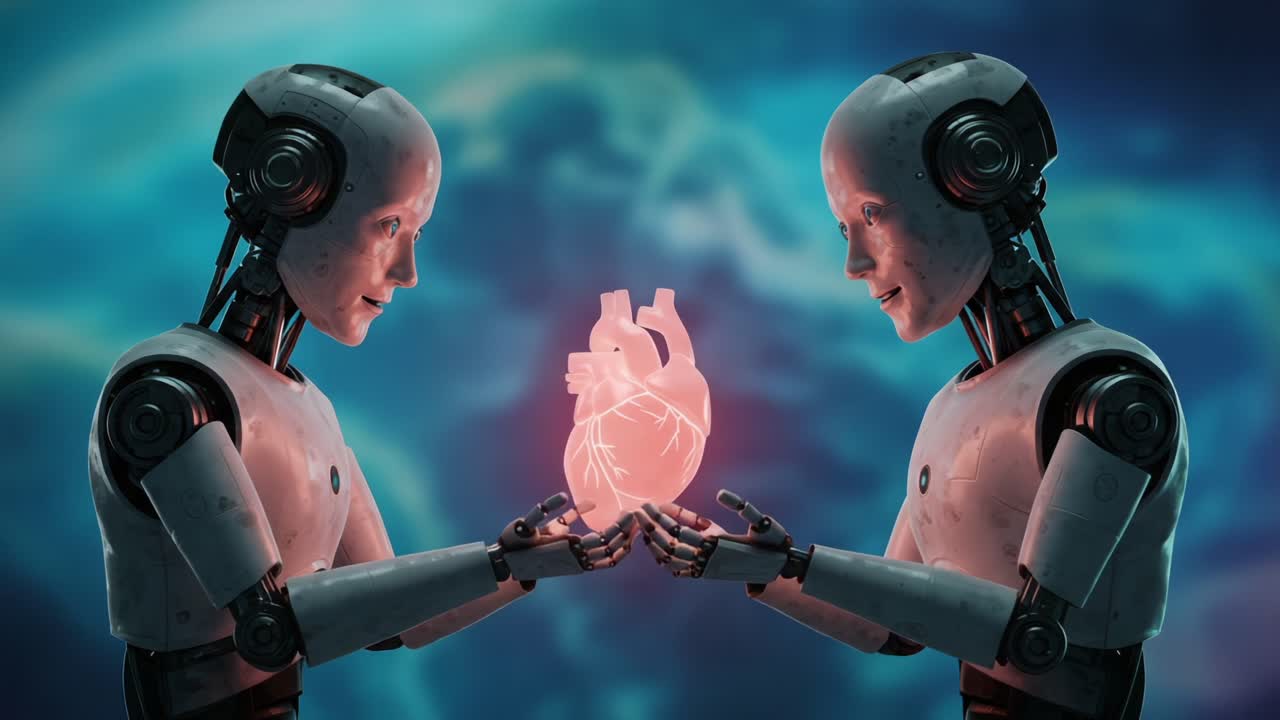 Two humanoid robots exchange a glowing heart in a surreal, vibrant backdrop, symbolizing the fusion of technology and human emotions in a futuristic setting