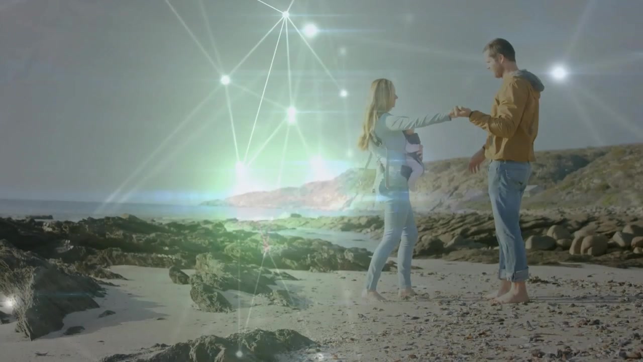 Uomo che tende la mano, donna che si protende e si avvicina tenendo un bambino in fascia, con un'interfaccia tecnologica luminosa che simboleggia il legame.