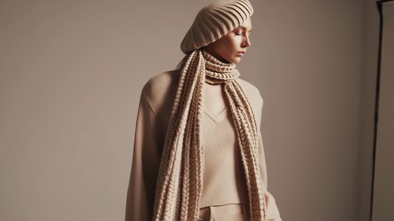 Ritratti Ravvicinati di una Donna in Accogliente Abbigliamento Invernale Lavorato a Maglia Beige