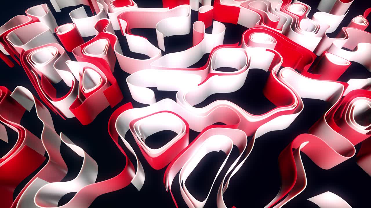 4k abstract bg con líneas o cintas blancas rojas en movimiento que forman ruido de rizado en el plano. concepto de red neural de computación abstracta o ai. cintas curvas en el plano, luma mate como canal alfa.