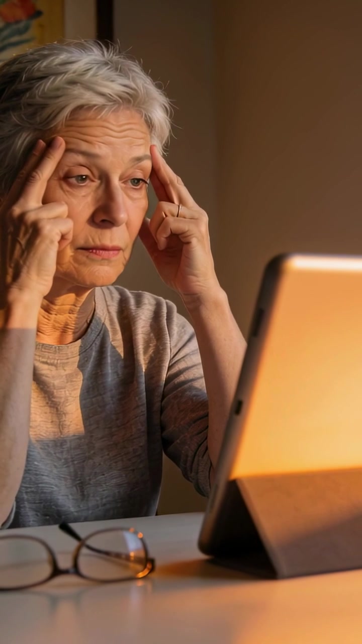 Vertical video: Seeing tablet, senior woman pressing temples from strain at home glasses