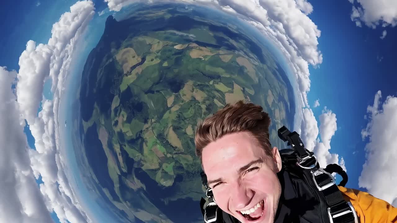 A thrilling fisheye view captures a skydiver's excitement mid-air, surrounded by clouds and earth