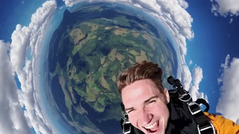 A thrilling fisheye view captures a skydiver&#039;s excitement mid-air, surrounded by clouds and earth