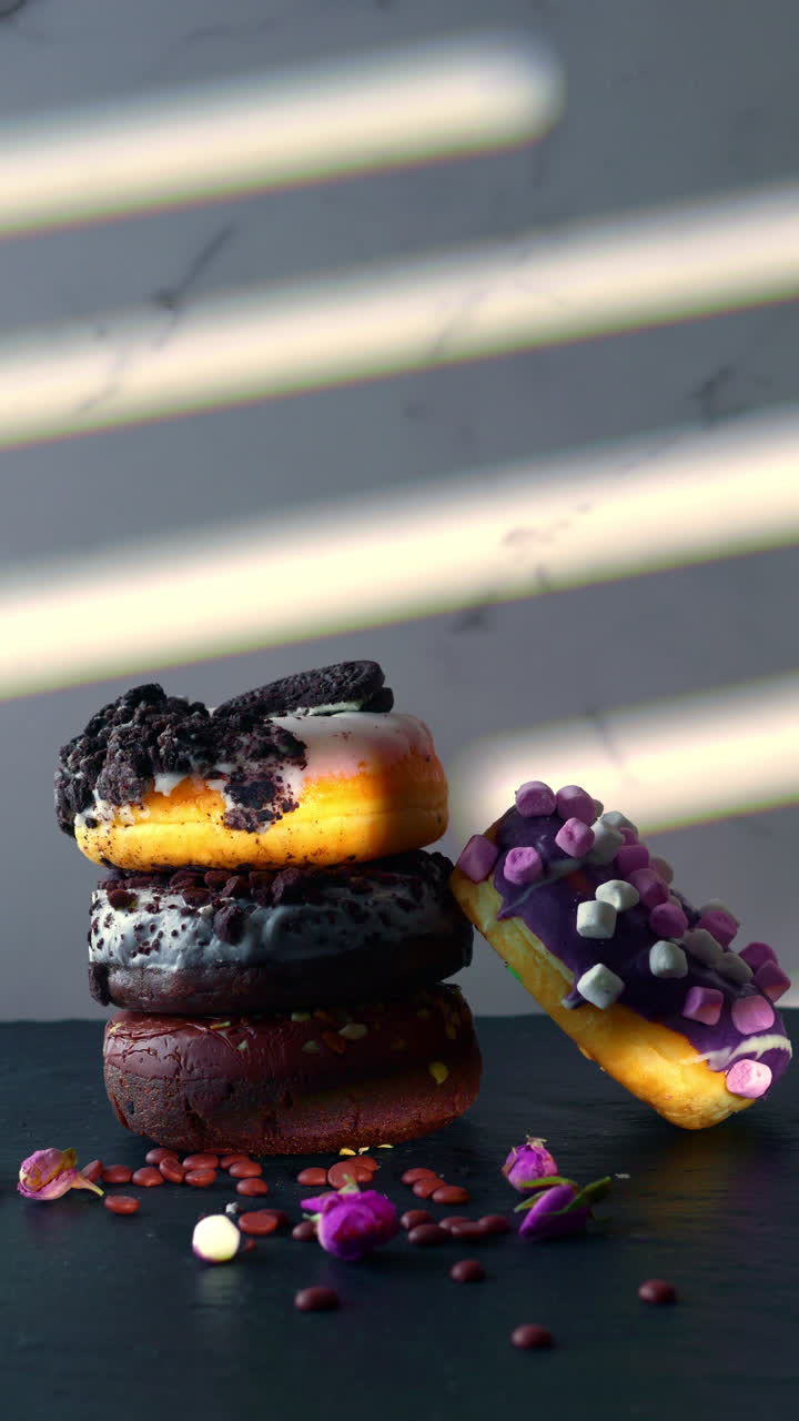 A hand with pink nails reaches to grab a white-glazed cookie crumble donut from a stacked trio. Set on slate with chocolate drops and rosebuds, the scene is softly lit with dramatic shadows.