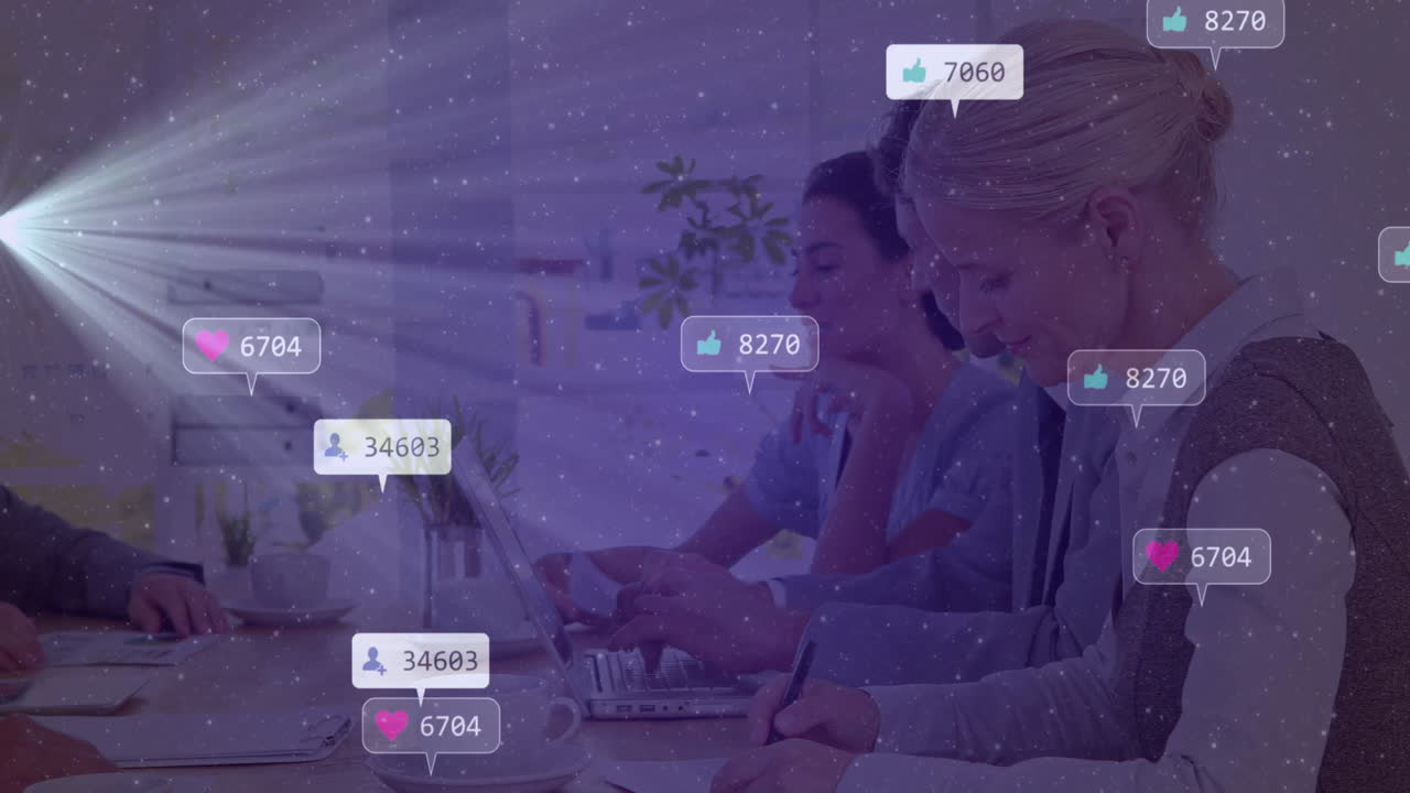 People working at office with social media notifications overlay animation