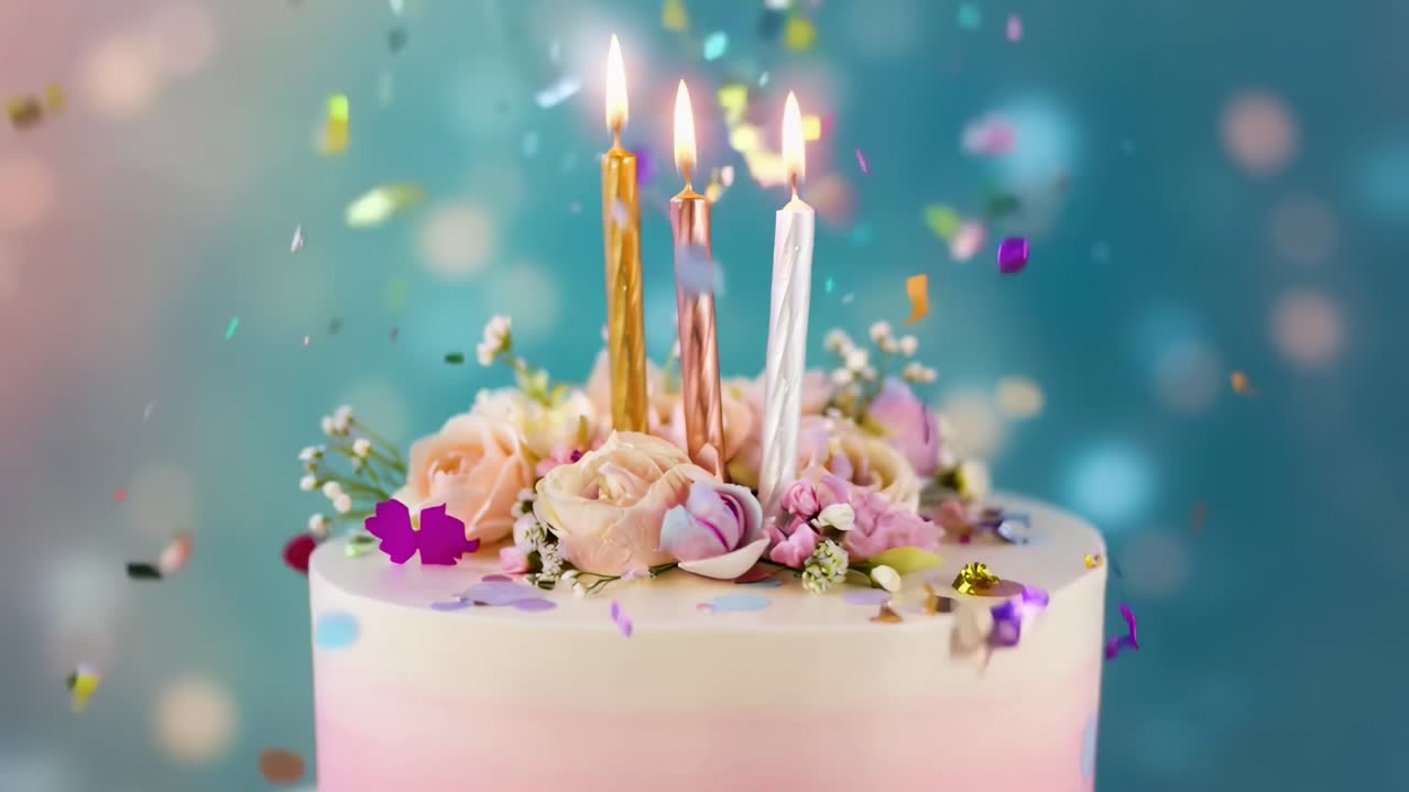 Video ravvicinato di una torta color pastello con candeline accese e fiori, ripresa da un'angolazione elevata, desktop live