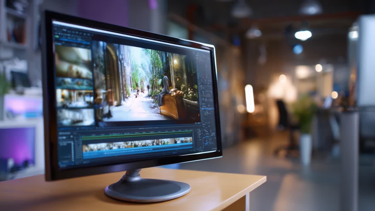 Modifica di una scena vivace su un monitor di computer, con layout ricco di dettagli e ambiente circostante lussureggiante in un ambiente di area di lavoro creativo