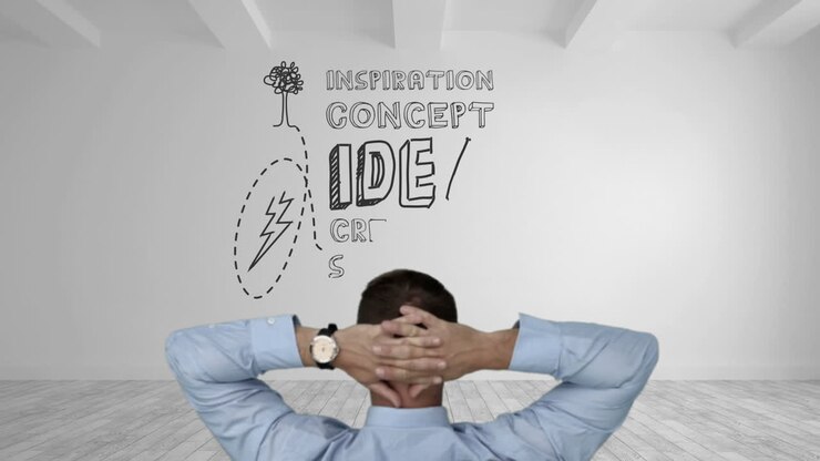 Empresario viendo aparecer una lluvia de ideas de negocios