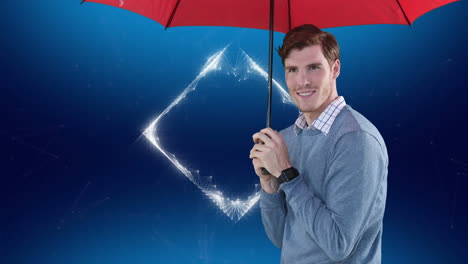 animation of businessman with red umbrella on blue background