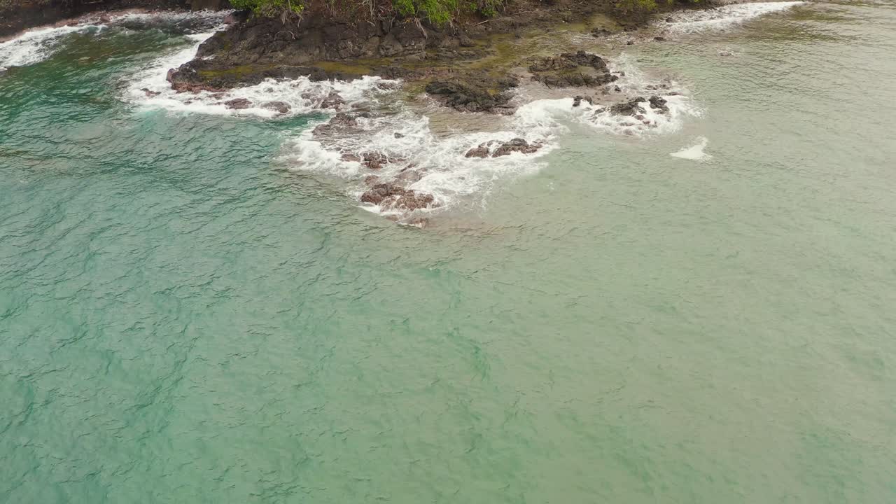 Zoom avant aérien au-dessus de la côte tropicale bordée de palmiers d'une île du Panama – vagues déferlantes sur un récif corallien turquoise