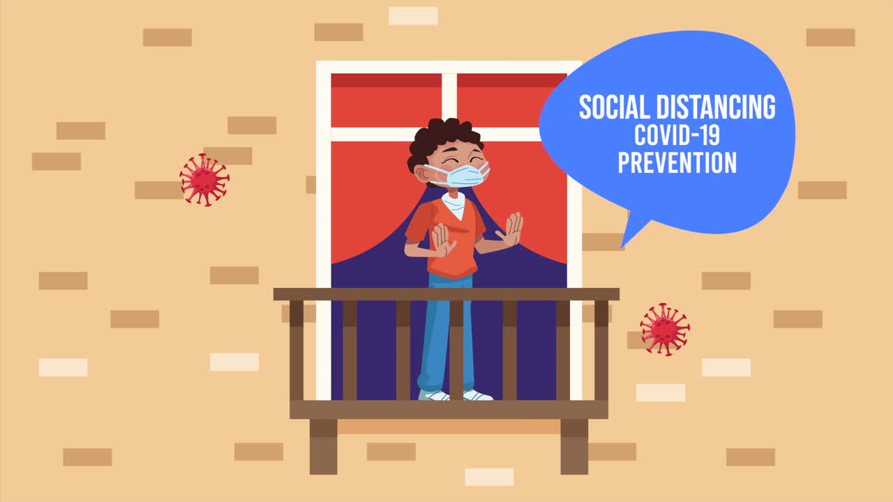 man with social distancing covid19 prevention message campaign in apartment window