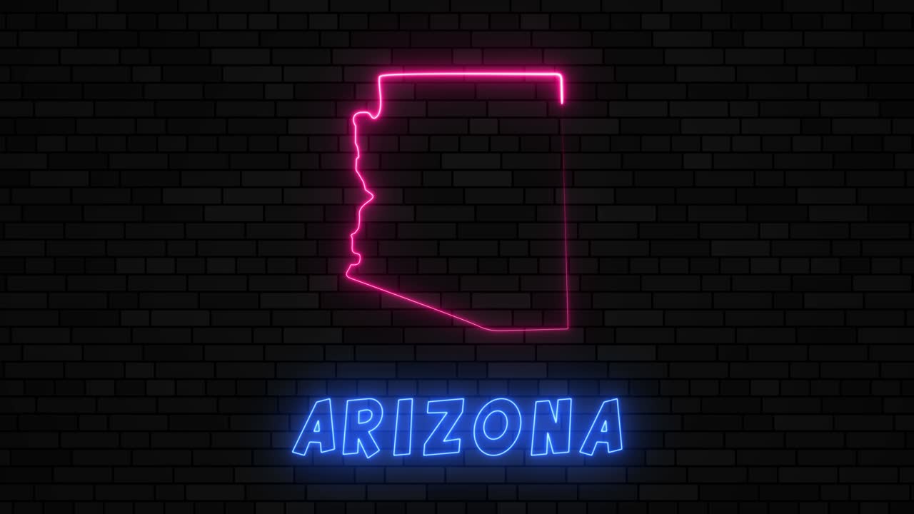 estado de arizona mapa silueta con línea de neón en un fondo de pared de ladrillo oscuro