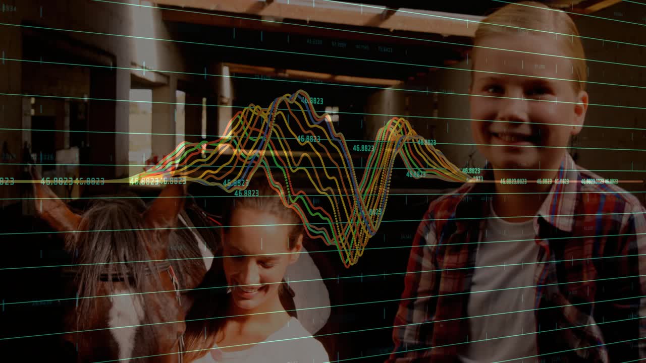 Mother reaching over fence steadying horse head and adjusting halter daughter joining horse stable