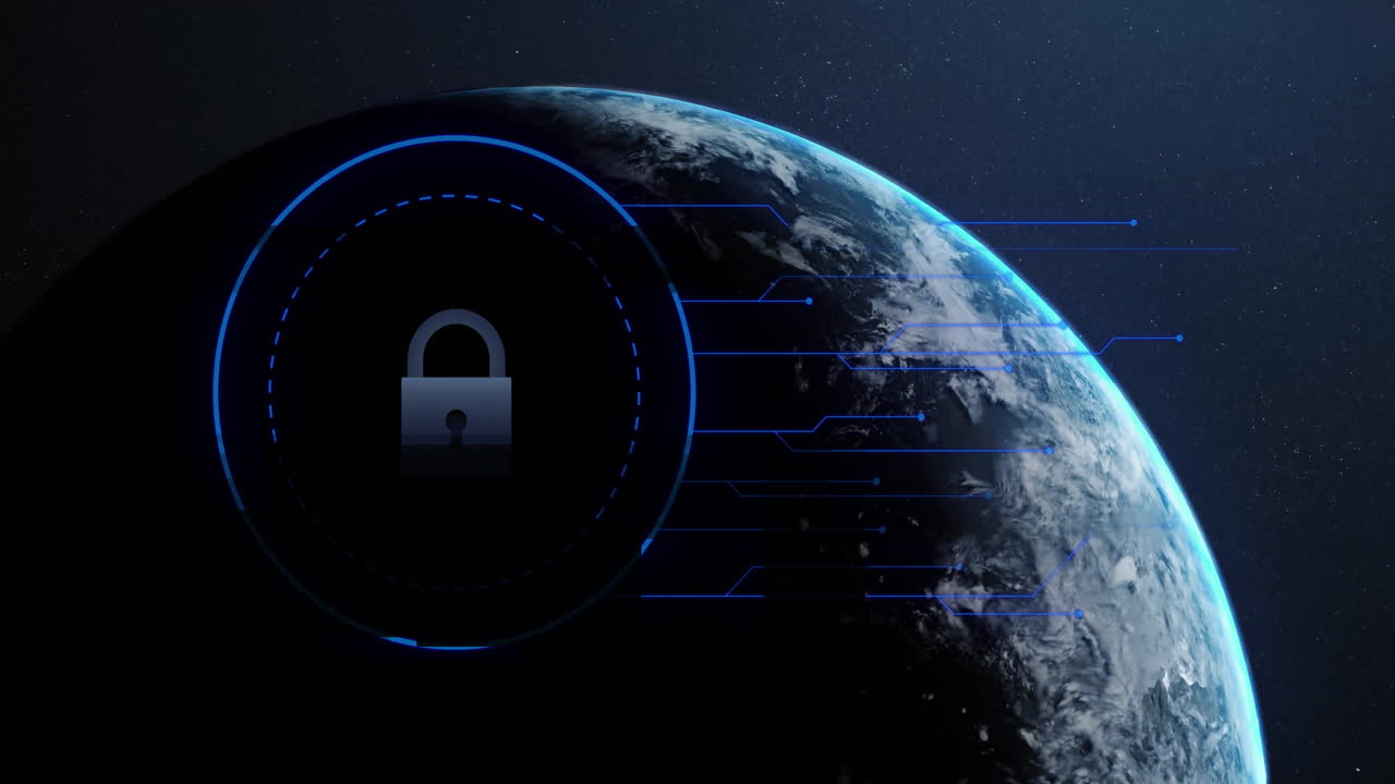 Animation of biometric fingerprint and connection with padlock over globe and dark background