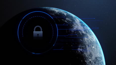 animation of biometric fingerprint and connection with padlock over globe and dark background