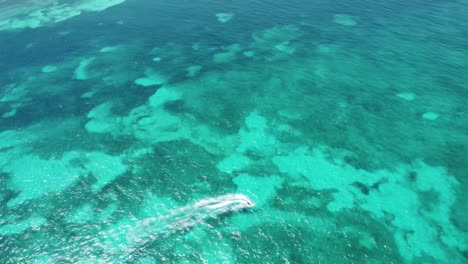 Aerial-view-of-jet-ski-riding-over-blue-water-of-Caribbean-sea-in-Cancun-hotel-zone,-Mexico