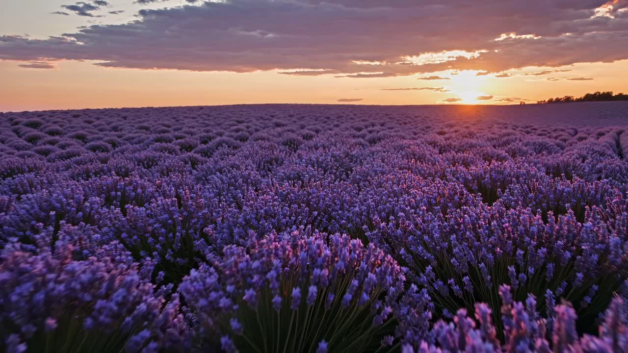 A wide-angle video captures a serene lavender field at sunset, with vibrant purple hue sky video