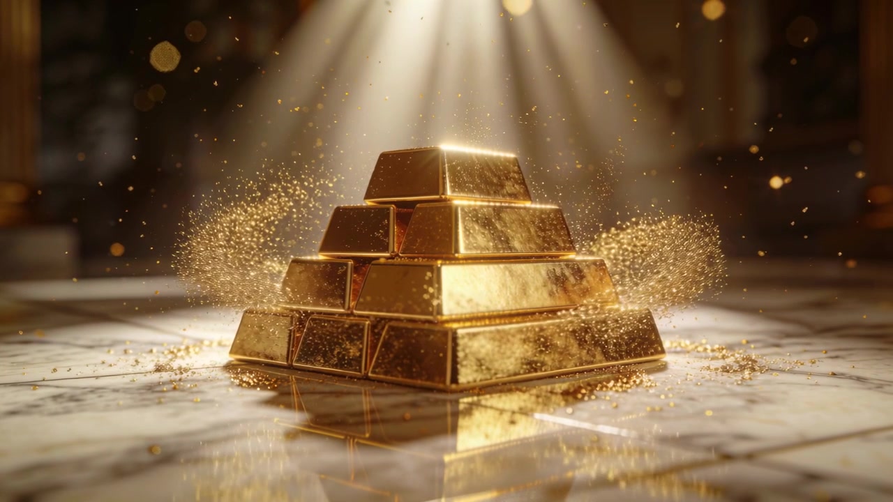 Rising specks forming dust halo around gold pyramid under spotlight on marble floor enhancing glow
