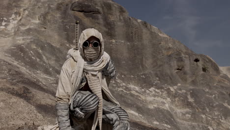 post-apocalyptic warrior in desert landscape