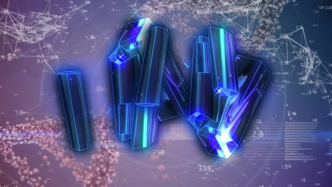 animation of crystals and data processing over dna strand on blue background